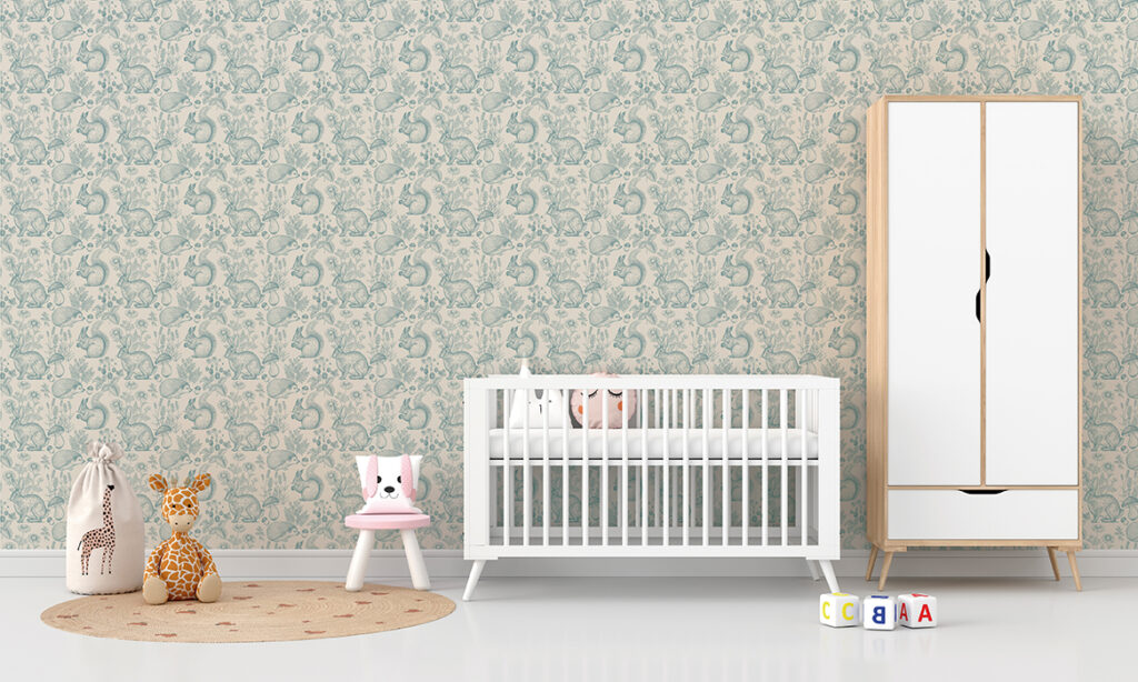 Papel de Colgadura DA-012 ARDILLAS Y CONEJOS TURQUESA – Papeles para Niños | Estilo y Elegancia Mural