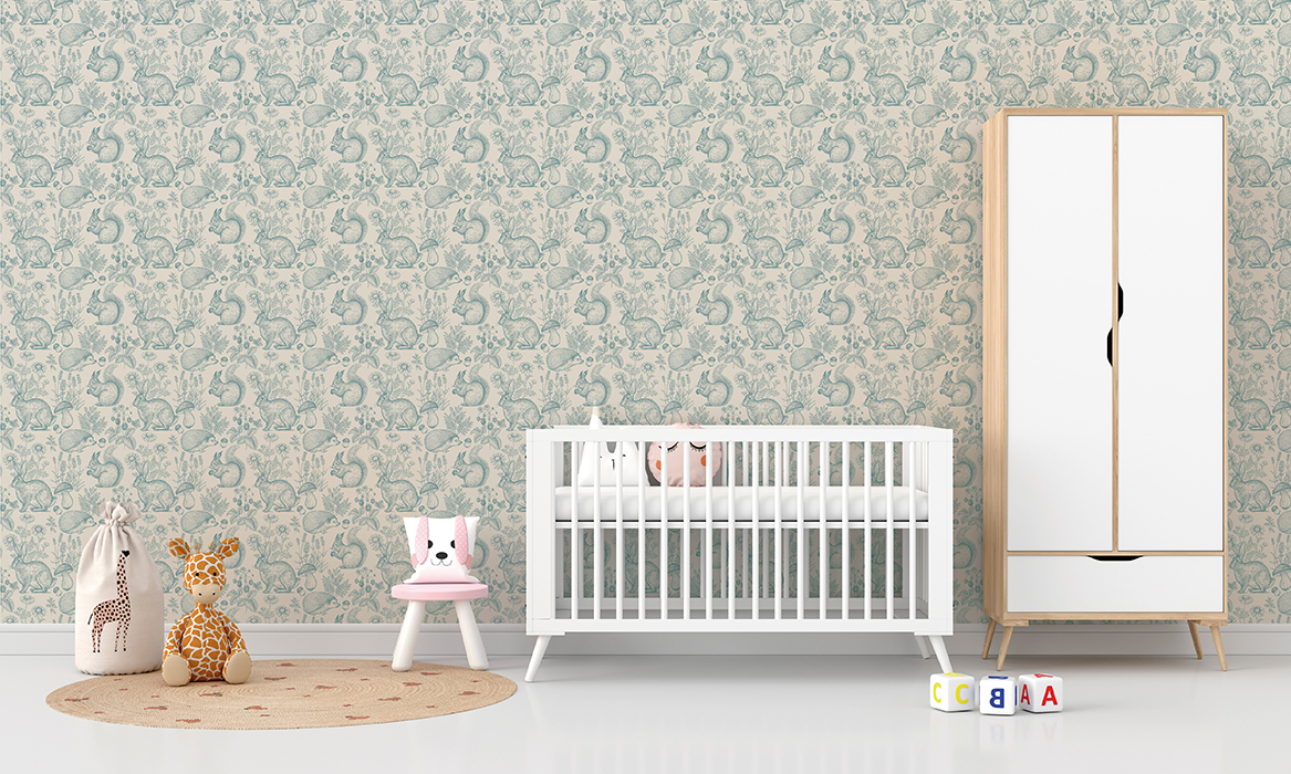 Papel de Colgadura DA-012 ARDILLAS Y CONEJOS TURQUESA – Papeles para Niños | Estilo y Elegancia Mural