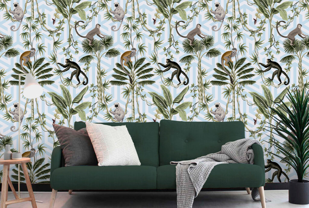 Papel de Colgadura Monos Celeste – Made in Haus | Estilo y Elegancia Mural