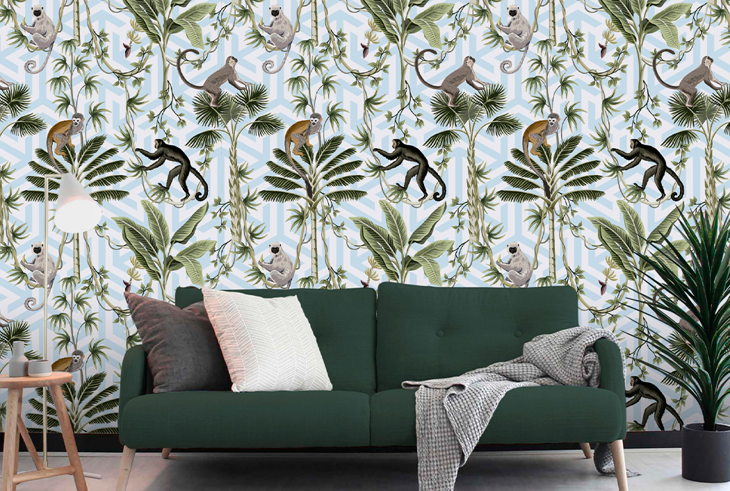 Papel de Colgadura Monos Celeste – Made in Haus | Estilo y Elegancia Mural
