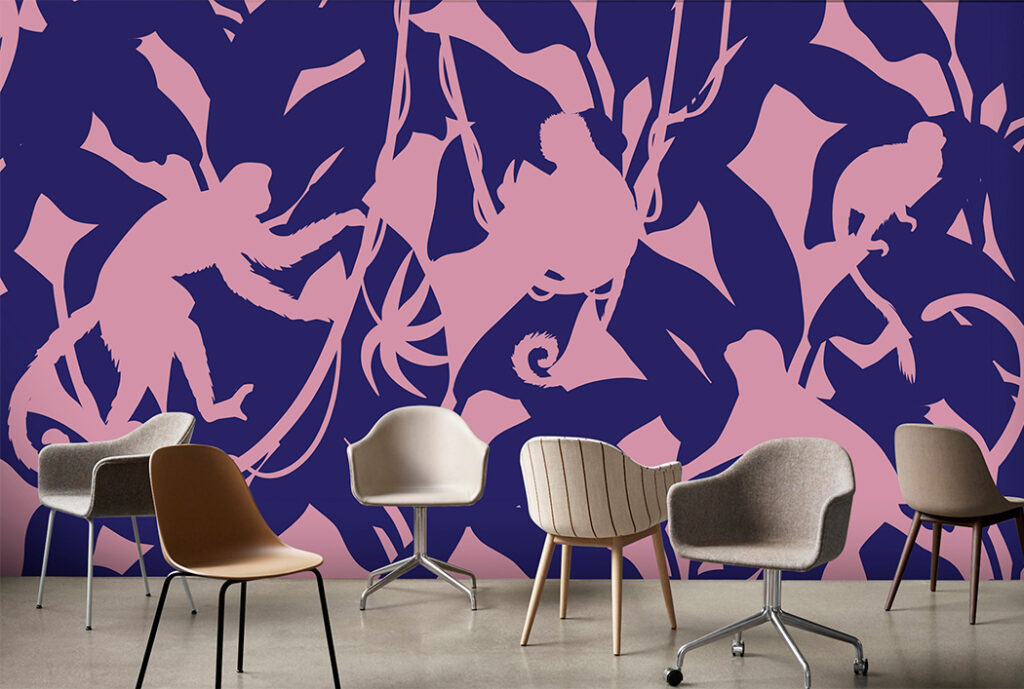 Papel de Colgadura Monos Rosa y Violeta – Made in Haus | Estilo y Elegancia Mural