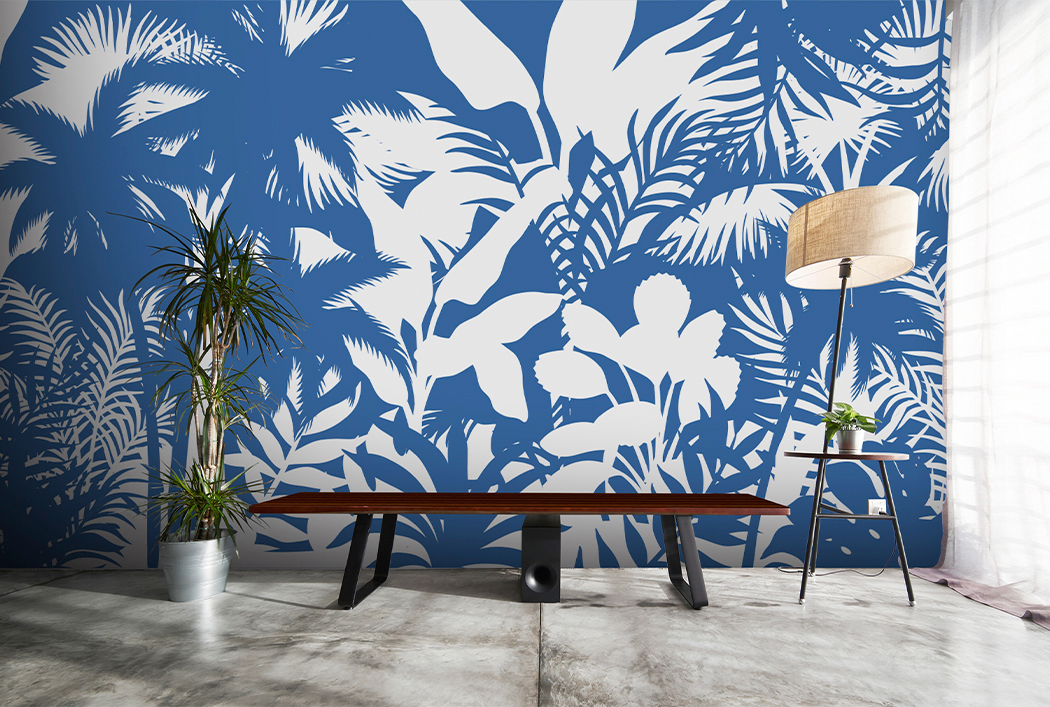 Papel Tapiz Exclusivo Tropicalia Azul Ceruleo – Made in Haus | Diseño Único para tus Paredes